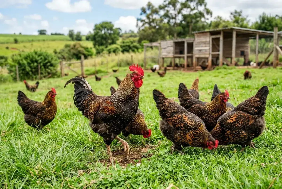 Coq et poules en plein air devant le poulailler de la ferme